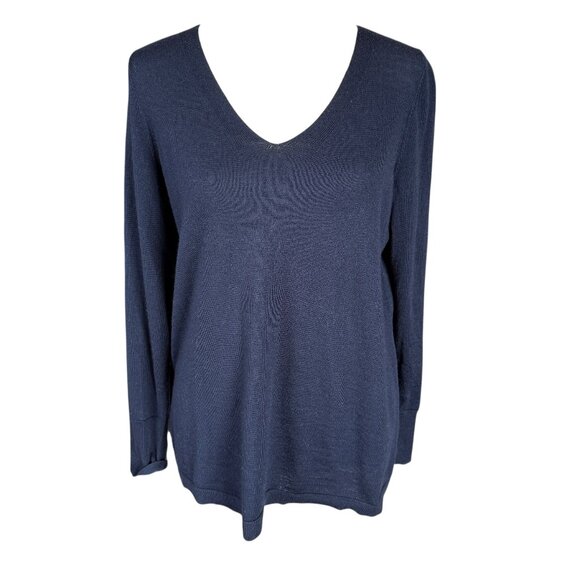 Talbots Petites XP dark blue long sleeve v-neck pullover stretchy wool sweater - Picture 1 of 8